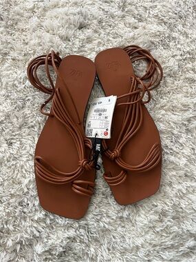 ZARA Cognac Strappy Square-Toe Lace-Up Sandals